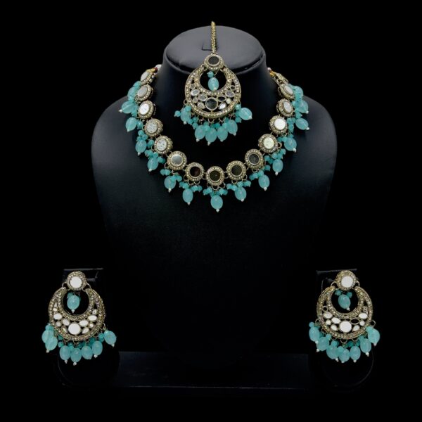 Mirror Necklace- Light Blue Color- Chandbali Hanging Earrings- With Maati, Product Code: V-2430