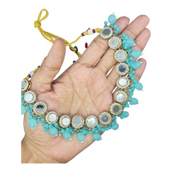 Mirror Necklace- Light Blue Color- Chandbali Hanging Earrings- With Maati, Product Code: V-2430 - Image 2