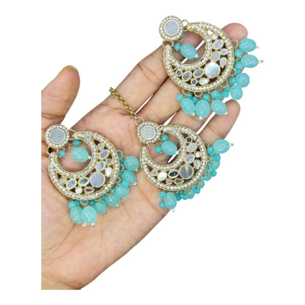 Mirror Necklace- Light Blue Color- Chandbali Hanging Earrings- With Maati, Product Code: V-2430 - Image 3