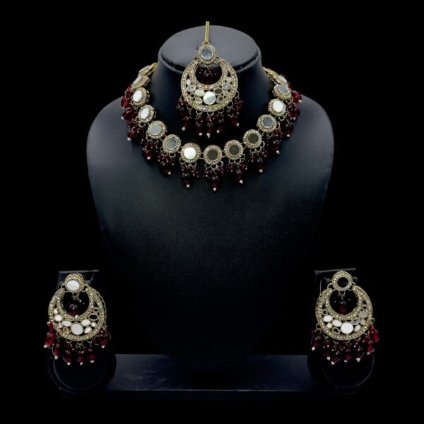 Mirror Necklace- Maroon Color- Chandbali Hanging Earrings- With Maati, Product Code: V-2431