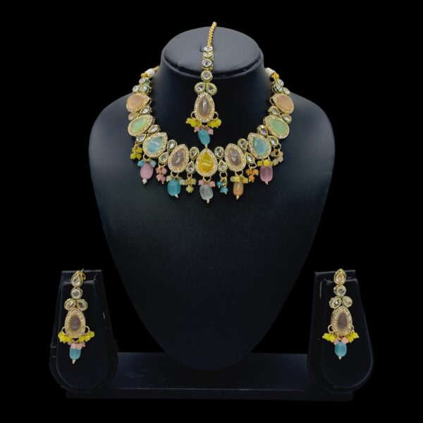 Multi Colored Kundan Necklace Set- Monalisa Stones- Hanging Earrings- With Maati, Product Code: V-2435