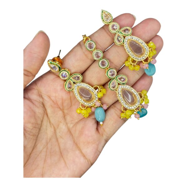 Multi Colored Kundan Necklace Set- Monalisa Stones- Hanging Earrings- With Maati, Product Code: V-2435 - Image 3