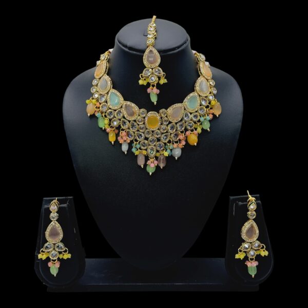 Multi Colored Kundan Necklace Set- Monalisa Stones- Hanging Earrings- With Maati, Product Code: V-2436