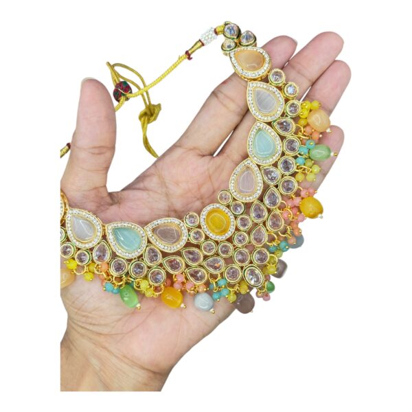 Multi Colored Kundan Necklace Set- Monalisa Stones- Hanging Earrings- With Maati, Product Code: V-2436 - Image 2