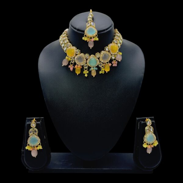 Multi Colored Kundan Necklace Set- Monalisa Stones- Hanging Earrings- With Maati, Product Code: V-2437