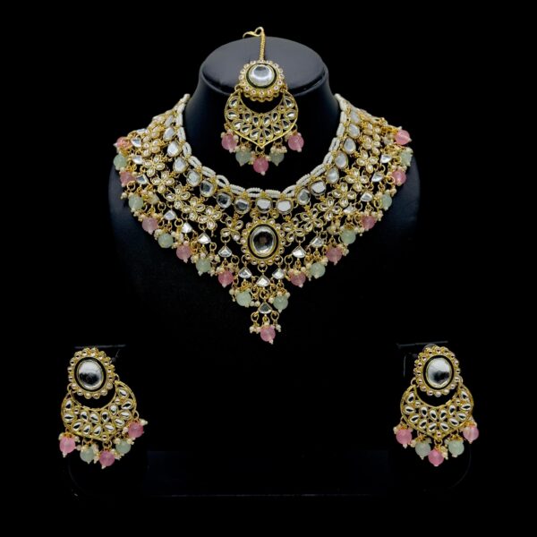 Kundan Necklace Set- Mint And Pink Color Hanging Beads - Hanging Earrings- With Maati, Product Code: V-2438