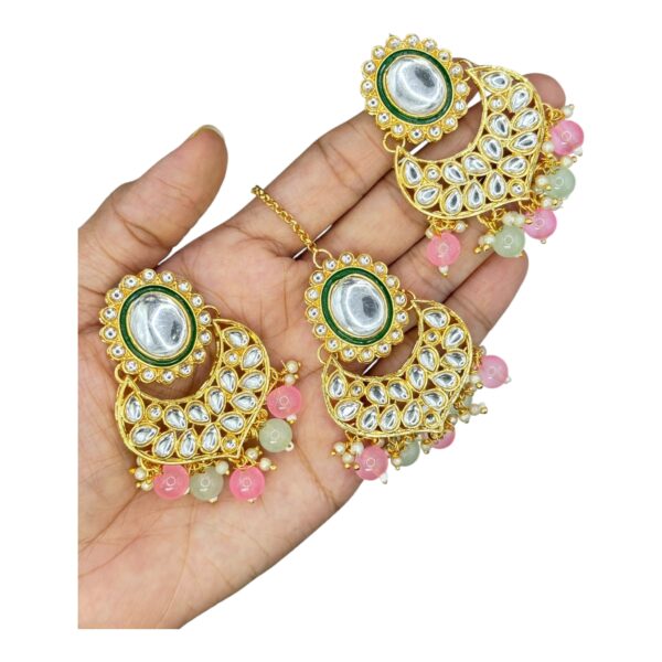 Kundan Necklace Set- Mint And Pink Color Hanging Beads - Hanging Earrings- With Maati, Product Code: V-2438 - Image 3