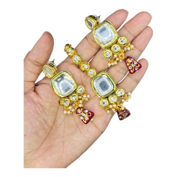 Choker-  Kundan Meenkari Necklace Set- Maroon Color Beads- Hanging Earrings- With Maati, Product Code: V-2439 - Image 3