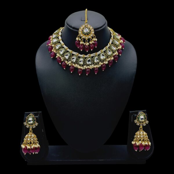 Kundan Necklace Set- Dark Pink Color- Jhumka- With Maati, Product Code: V-2440