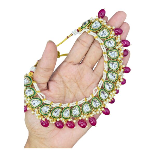 Kundan Necklace Set- Dark Pink Color- Jhumka- With Maati, Product Code: V-2440 - Image 2