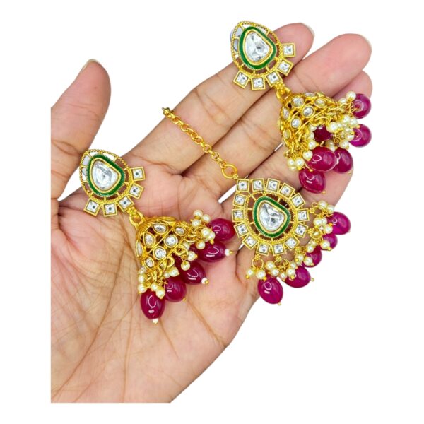 Kundan Necklace Set- Dark Pink Color- Jhumka- With Maati, Product Code: V-2440 - Image 3