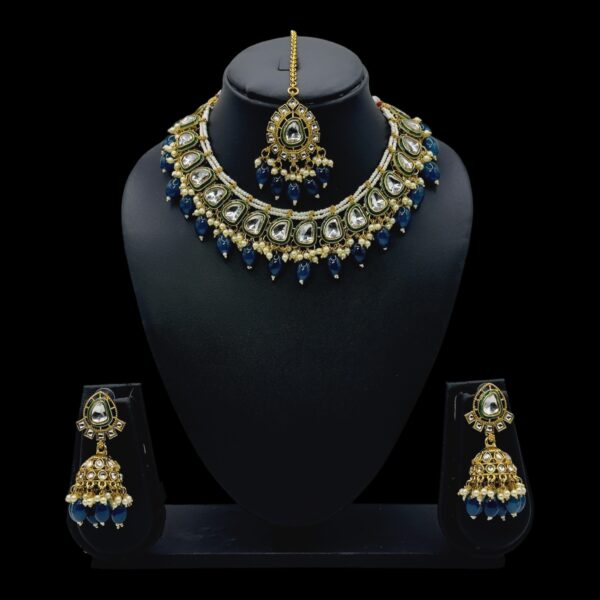 Kundan Necklace Set- Dark Blue Color- Jhumka- With Maati, Product Code: V-2441