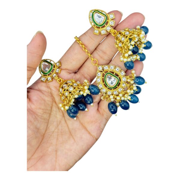 Kundan Necklace Set- Dark Blue Color- Jhumka- With Maati, Product Code: V-2441 - Image 3