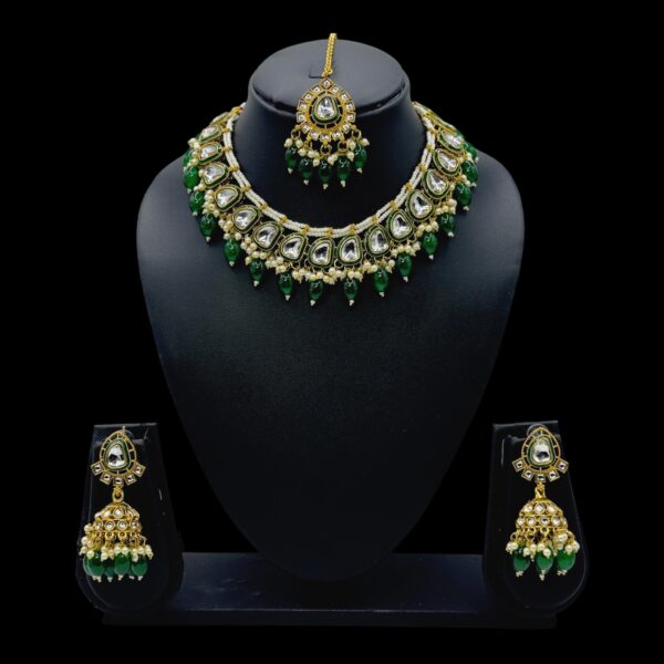 Kundan Necklace Set- Green Color- Jhumka- With Maati, Product Code: V-2442