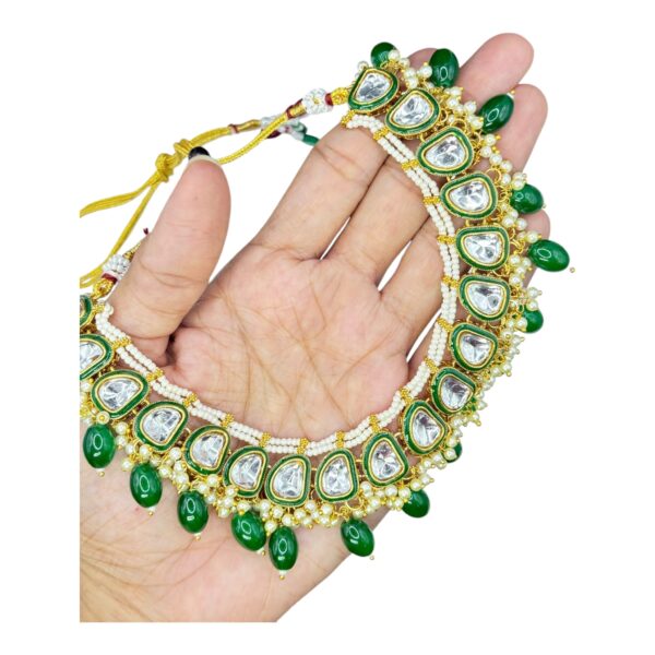 Kundan Necklace Set- Green Color- Jhumka- With Maati, Product Code: V-2442 - Image 2