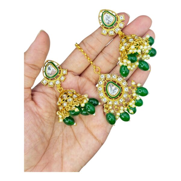 Kundan Necklace Set- Green Color- Jhumka- With Maati, Product Code: V-2442 - Image 3