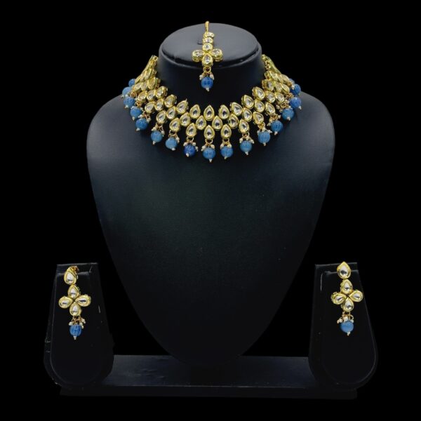 Kundan Necklace Set- Blue Color- Hanging Earrings- With Maati, Product Code: V-2443