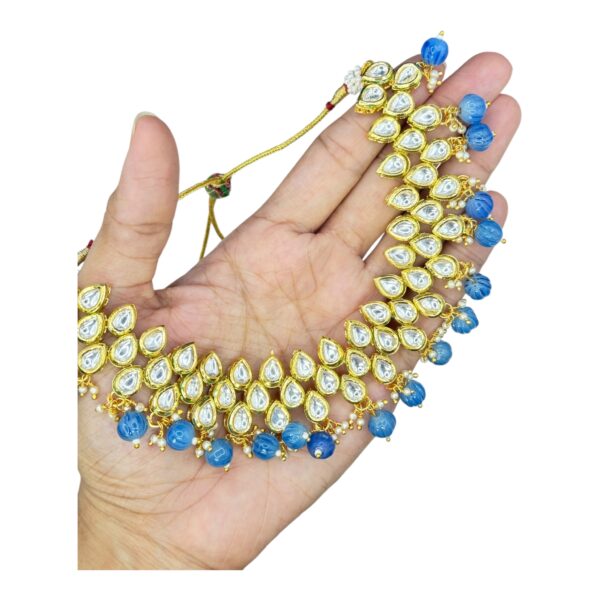 Kundan Necklace Set- Blue Color- Hanging Earrings- With Maati, Product Code: V-2443 - Image 2