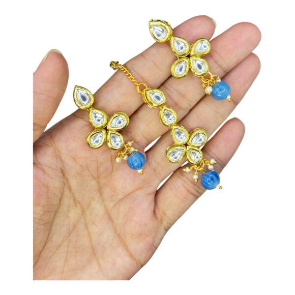 Kundan Necklace Set- Blue Color- Hanging Earrings- With Maati, Product Code: V-2443 - Image 3