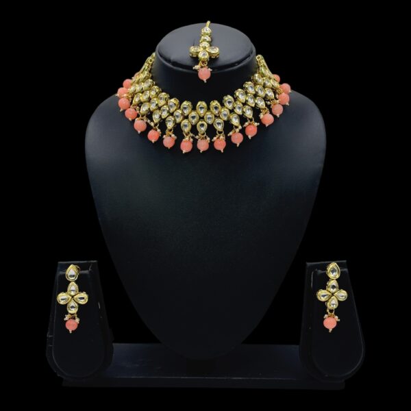 Kundan Necklace Set- Peach Color- Hanging Earrings- With Maati, Product Code: V-2444