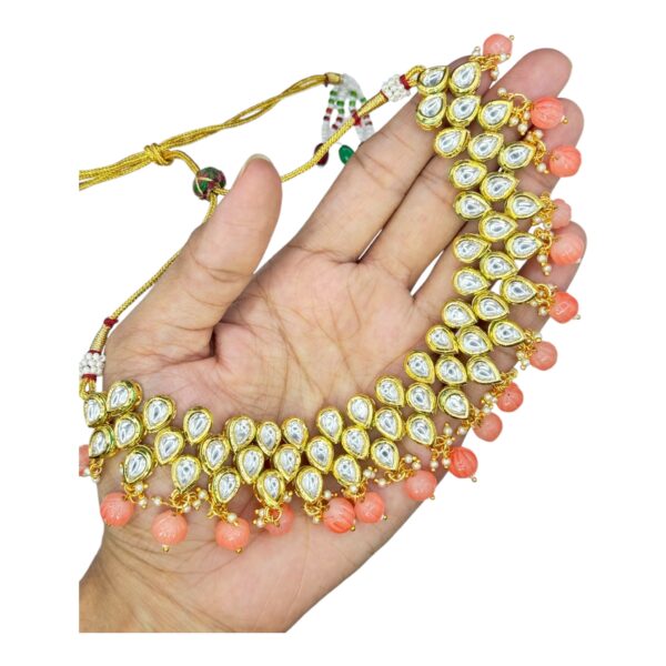 Kundan Necklace Set- Peach Color- Hanging Earrings- With Maati, Product Code: V-2444 - Image 2