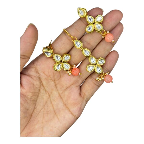 Kundan Necklace Set- Peach Color- Hanging Earrings- With Maati, Product Code: V-2444 - Image 3