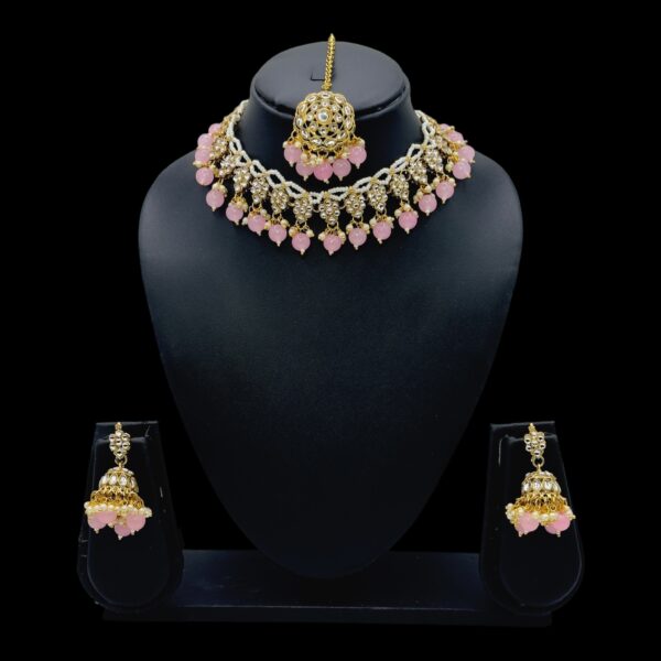 Floral Design Kundan Necklace Set-Light Pink Color Hanging Beads- Jhumkas- With Maati, Product Code: V-2445