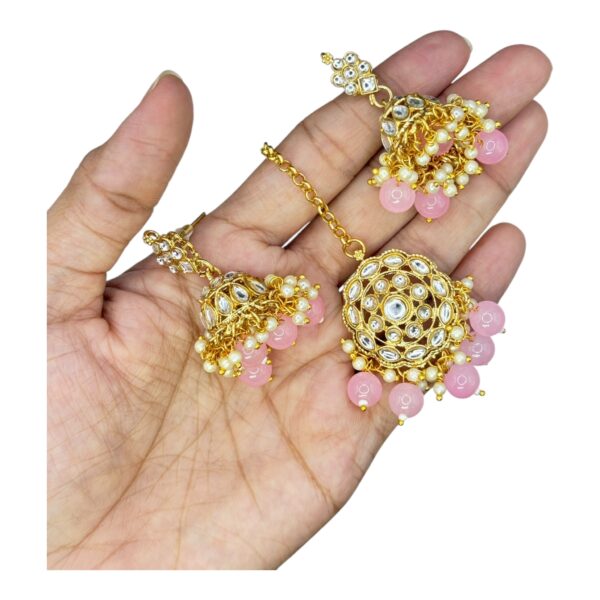 Floral Design Kundan Necklace Set-Light Pink Color Hanging Beads- Jhumkas- With Maati, Product Code: V-2445 - Image 3