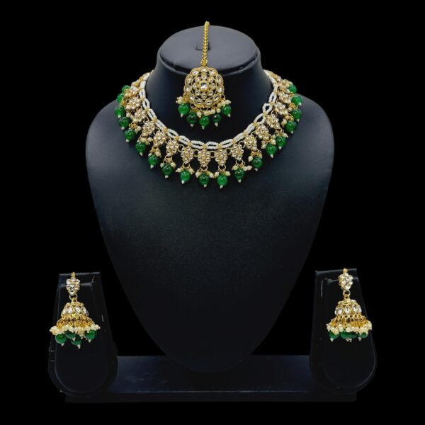 Floral Design Kundan Necklace Set- Green Color Hanging Bead- Jhumkas- With Maati, Product Code: V-2447