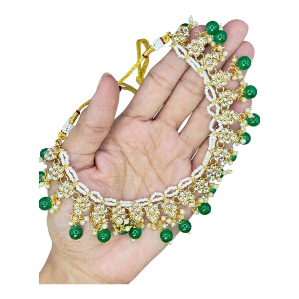 Floral Design Kundan Necklace Set- Green Color Hanging Bead- Jhumkas- With Maati, Product Code: V-2447 - Image 2