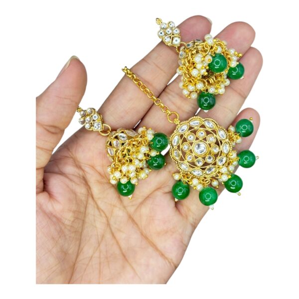 Floral Design Kundan Necklace Set- Green Color Hanging Bead- Jhumkas- With Maati, Product Code: V-2447 - Image 3