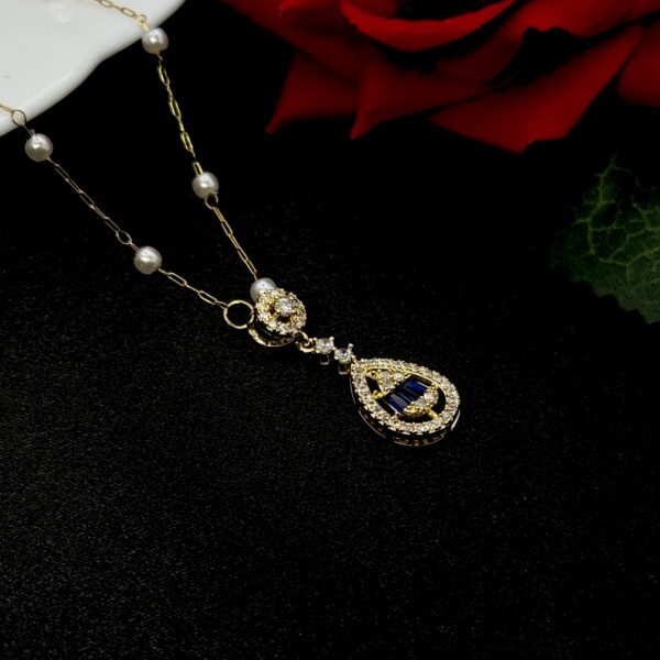 Stainless Steel Tear Drop Blue Baguette Pendent Pearl Chain Necklace, Product Code: D-5156