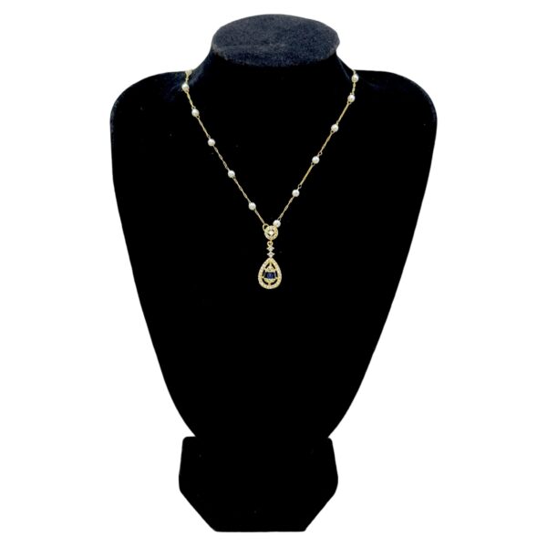 Stainless Steel Tear Drop Blue Baguette Pendent Pearl Chain Necklace, Product Code: D-5156 - Image 2