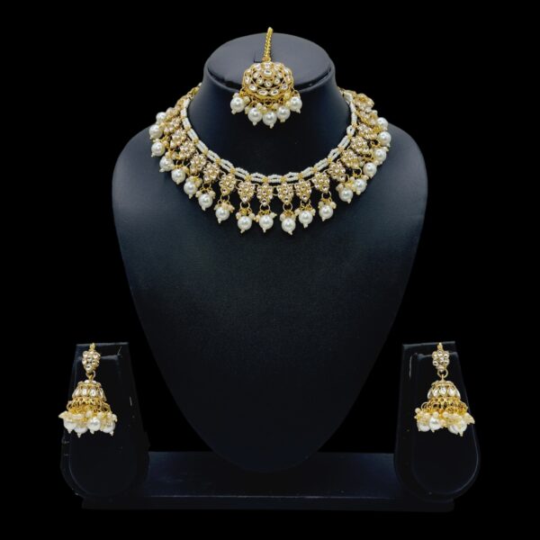 Floral Design Kundan Necklace Set- Pearl Hangings- Jhumkas- With Maati, Product Code: V-2448