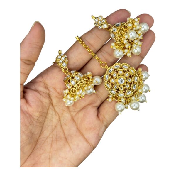 Floral Design Kundan Necklace Set- Pearl Hangings- Jhumkas- With Maati, Product Code: V-2448 - Image 3