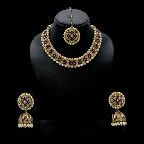 Mehandi Necklace Set- Red Color Stones- Jhumkas- With Maati, Product Code: V-2449