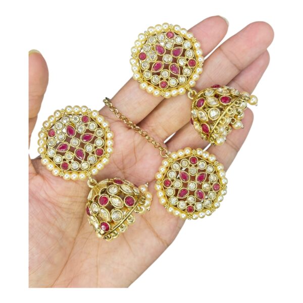 Mehandi Necklace Set- Red Color Stones- Jhumkas- With Maati, Product Code: V-2449 - Image 3