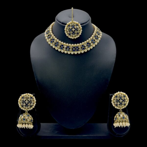 Mehandi Necklace Set- Blue Color Stones- Jhumkas- With Maati, Product Code: V-2450