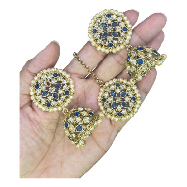 Mehandi Necklace Set- Blue Color Stones- Jhumkas- With Maati, Product Code: V-2450 - Image 3