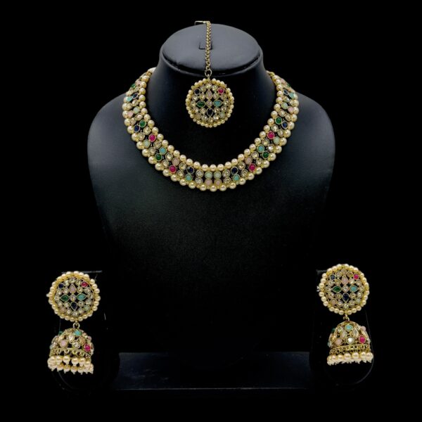 Mehandi Necklace Set- Multi Color Stones- Jhumkas- With Maati, Product Code: V-2451