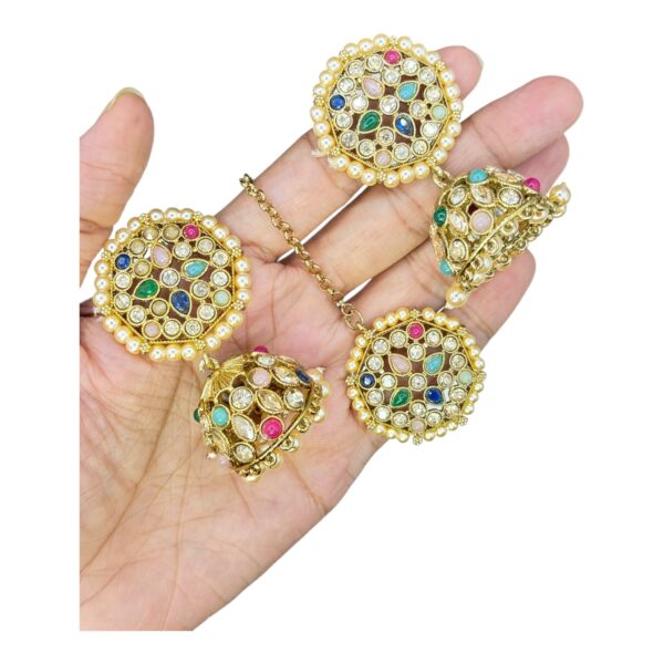 Mehandi Necklace Set- Multi Color Stones- Jhumkas- With Maati, Product Code: V-2451 - Image 3