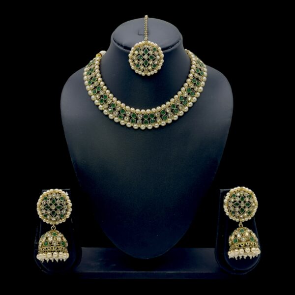 Mehandi Necklace Set- Green Color Stones- Jhumkas- With Maati, Product Code: V-2452