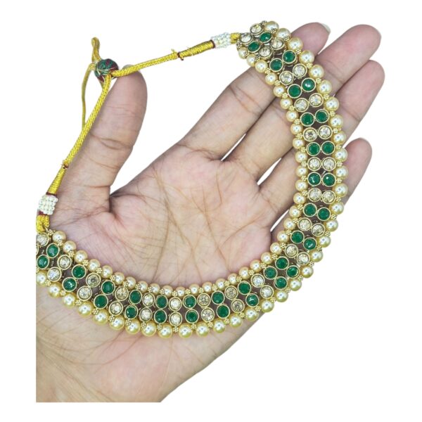 Mehandi Necklace Set- Green Color Stones- Jhumkas- With Maati, Product Code: V-2452 - Image 2