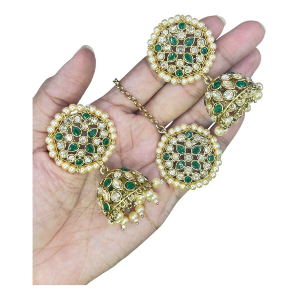 Mehandi Necklace Set- Green Color Stones- Jhumkas- With Maati, Product Code: V-2452 - Image 3