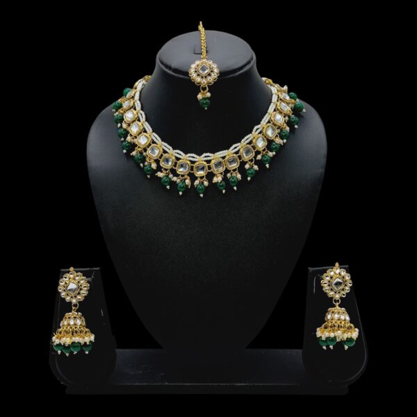 Kundan Necklace Set- Green Color Beads Hangings- Jhumkas- With Maati, Product Code: V-2453