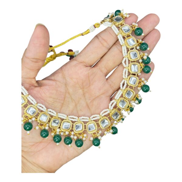 Kundan Necklace Set- Green Color Beads Hangings- Jhumkas- With Maati, Product Code: V-2453 - Image 2