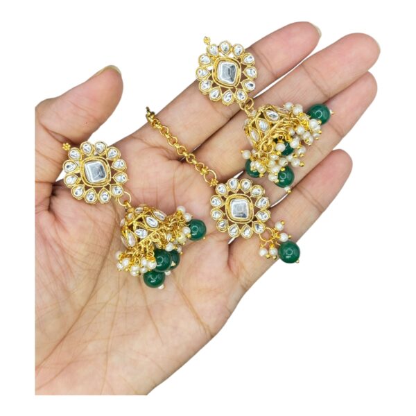 Kundan Necklace Set- Green Color Beads Hangings- Jhumkas- With Maati, Product Code: V-2453 - Image 3