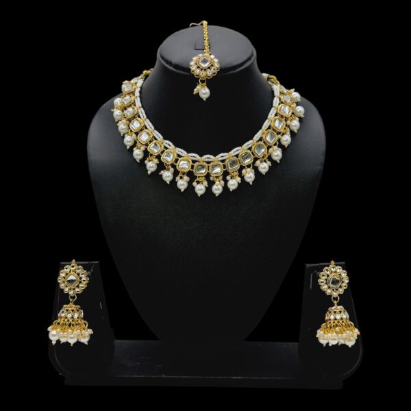 Kundan Necklace Set- White Color Beads Hangings- Jhumkas- With Maati, Product Code: V-2454