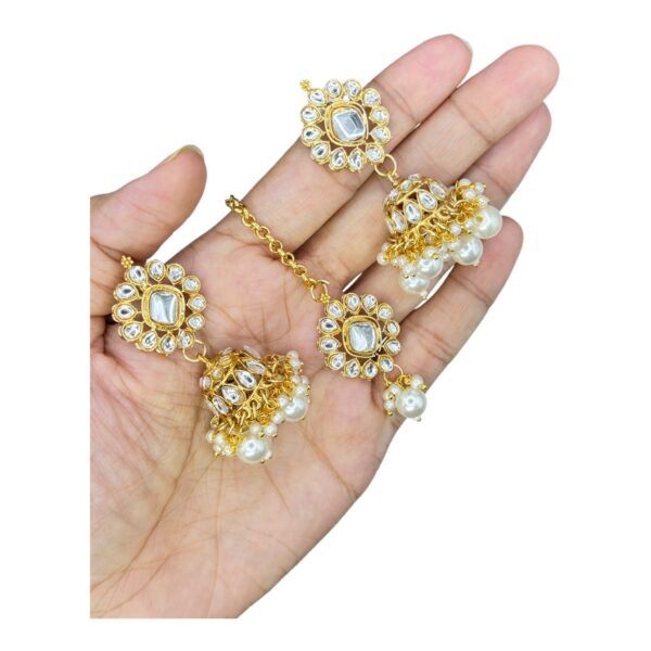 Kundan Necklace Set- White Color Beads Hangings- Jhumkas- With Maati, Product Code: V-2454 - Image 3