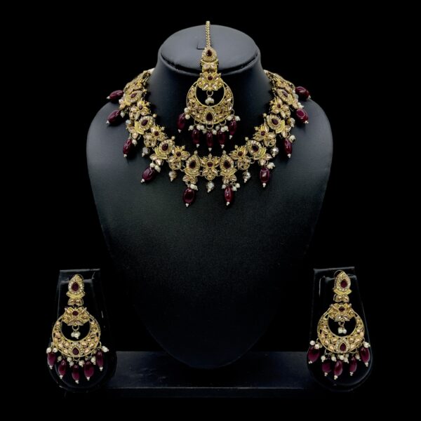 Mehandi Necklace Set- Maroon Color Stones And Beads Hangings- Chandbali Earrings- With Maati, Product Code: V-2455